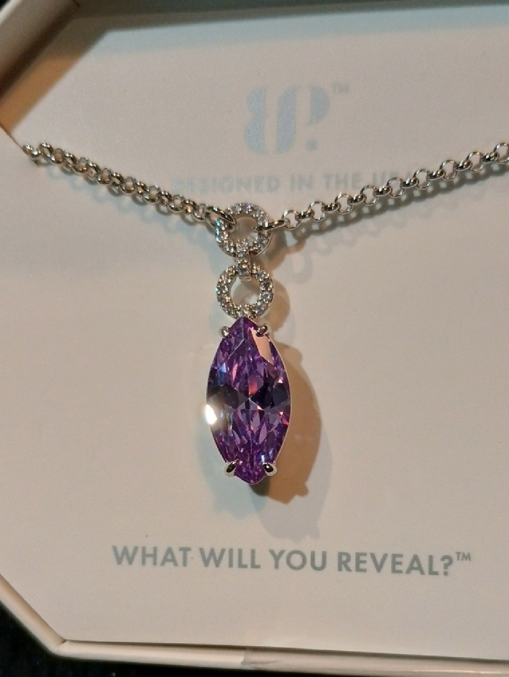 bp Silver-Tone Necklace with Purple Marquise Crystal Pendant